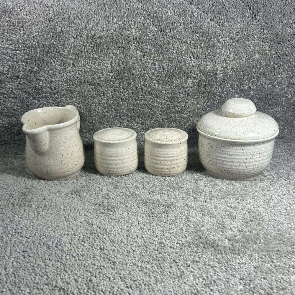 Churchill England Stoneware Creamer Sugar Salt Pepper Set Cream Speckled 4pc